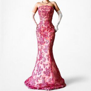 Pink Strapless Floral Beaded Mesh Fit Flared Maxi Formal Prom Dress Size S